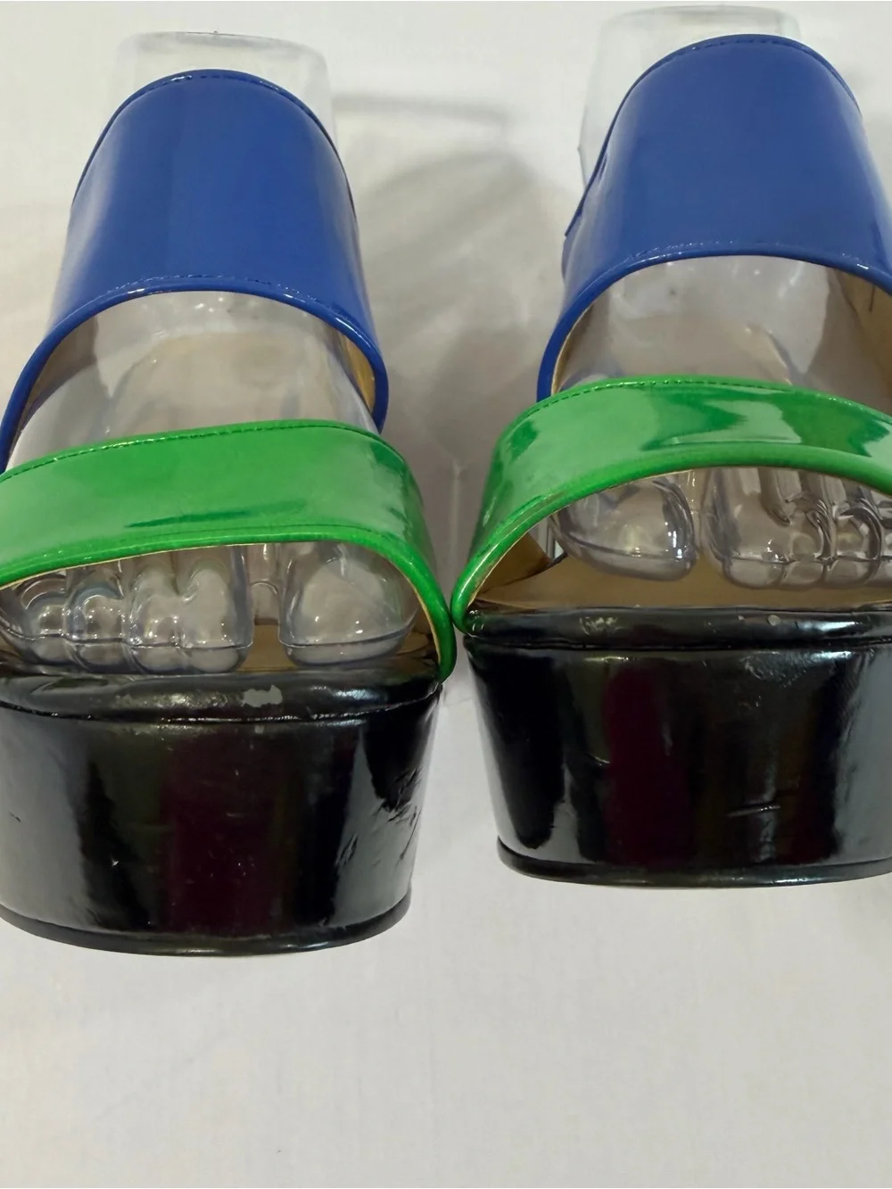💙💚Nine West Colorblock Patent Platform Wedge Slide Sandals Blue Green Black| sz9